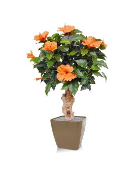 Hibiscus plante artificielle de 65 cm orange sur socle